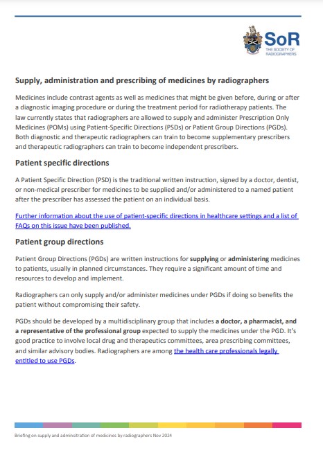 Supply, administration and prescribing of medicines by radiographers