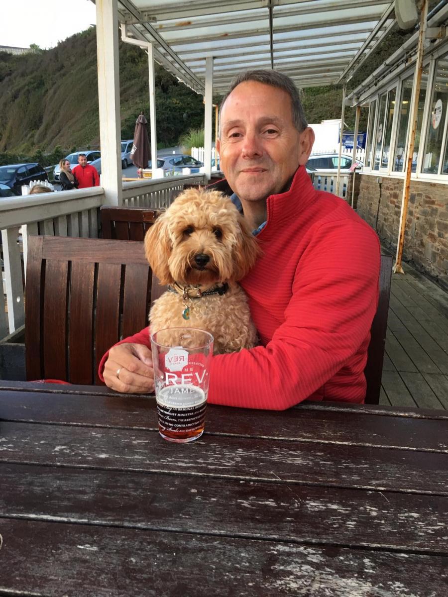 Chris with pet dog Peggy