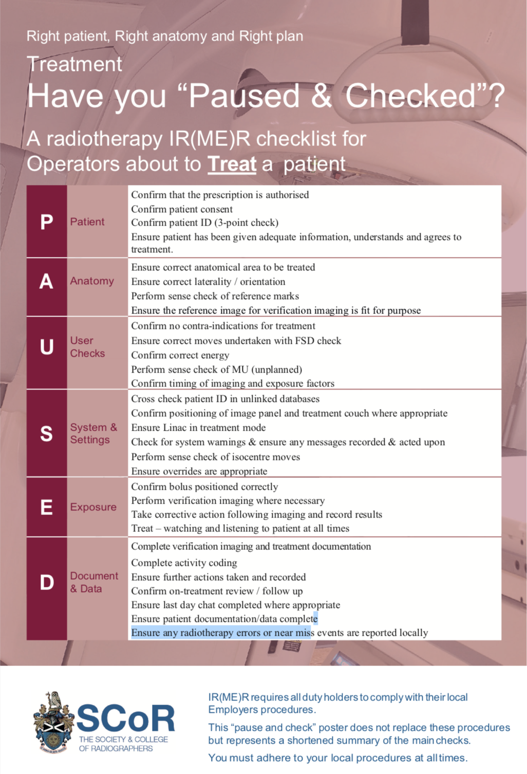 Have you paused and checked? Radiotherapy treatment | SoR